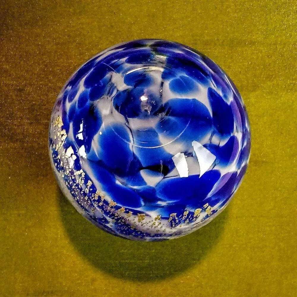 Blue White Gold Aventurine Art Glass Small Vase